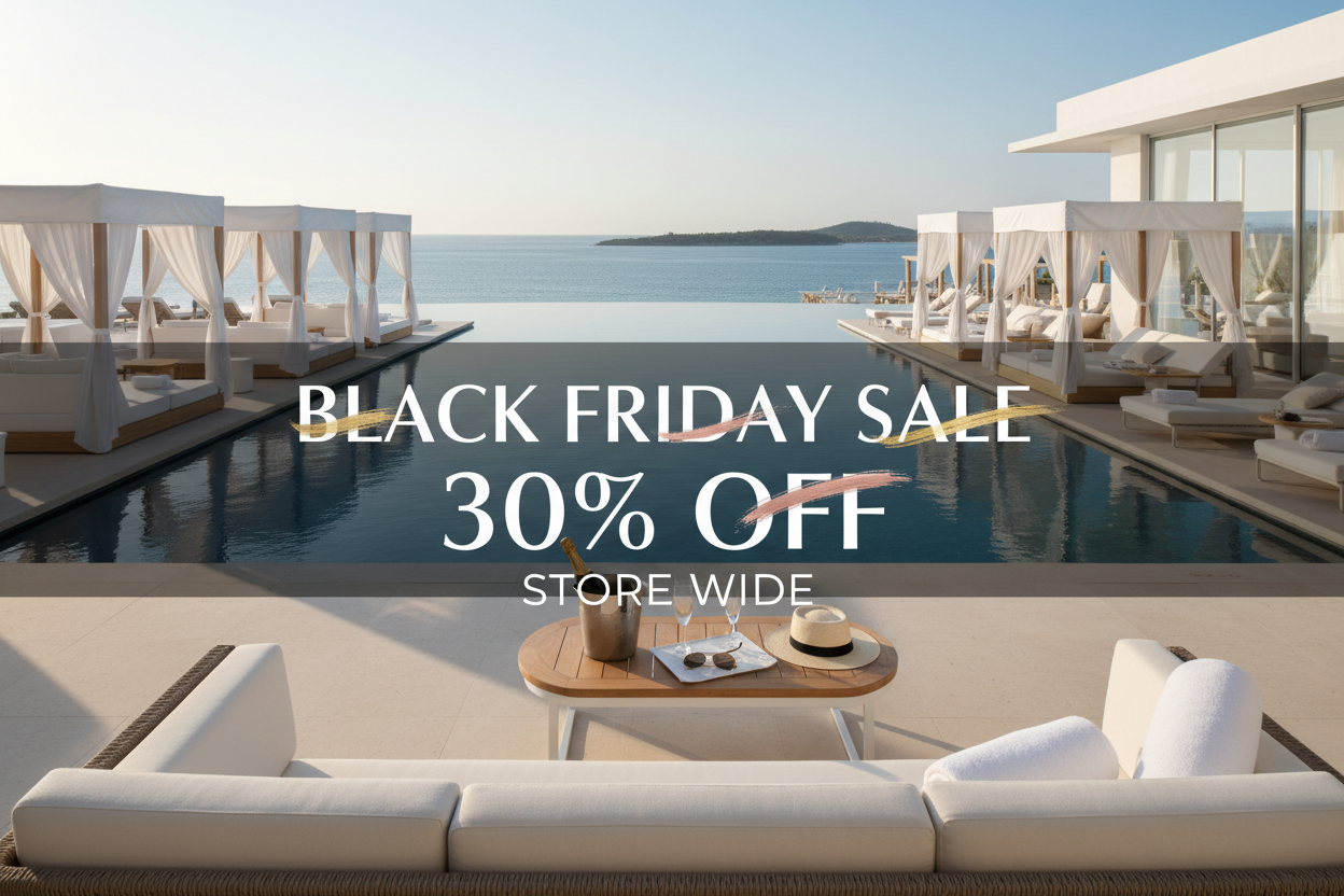 create promo for black friday sale 30% off store wide with luxury resort theme