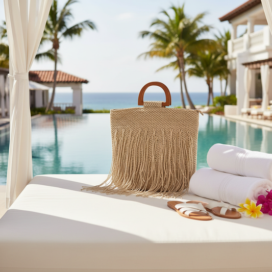 use product RESORT TASSEL TOTE IN KHAKI from getawayglamour.com site